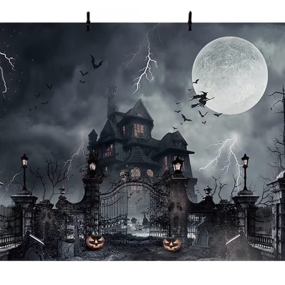 Haunted House Moon Night Gates Backdrop, 8 x 6,Grey Scary Cemetery Pumpkin - Picture 2 of 4